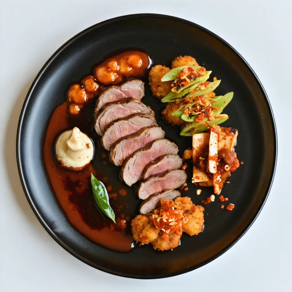 Seared Duck Breast with Maitake Kimchi Fritters and Gochujang Glaze