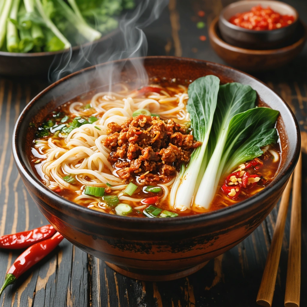 Spicy Pork Mince Noodle Soup with Bok Choy
